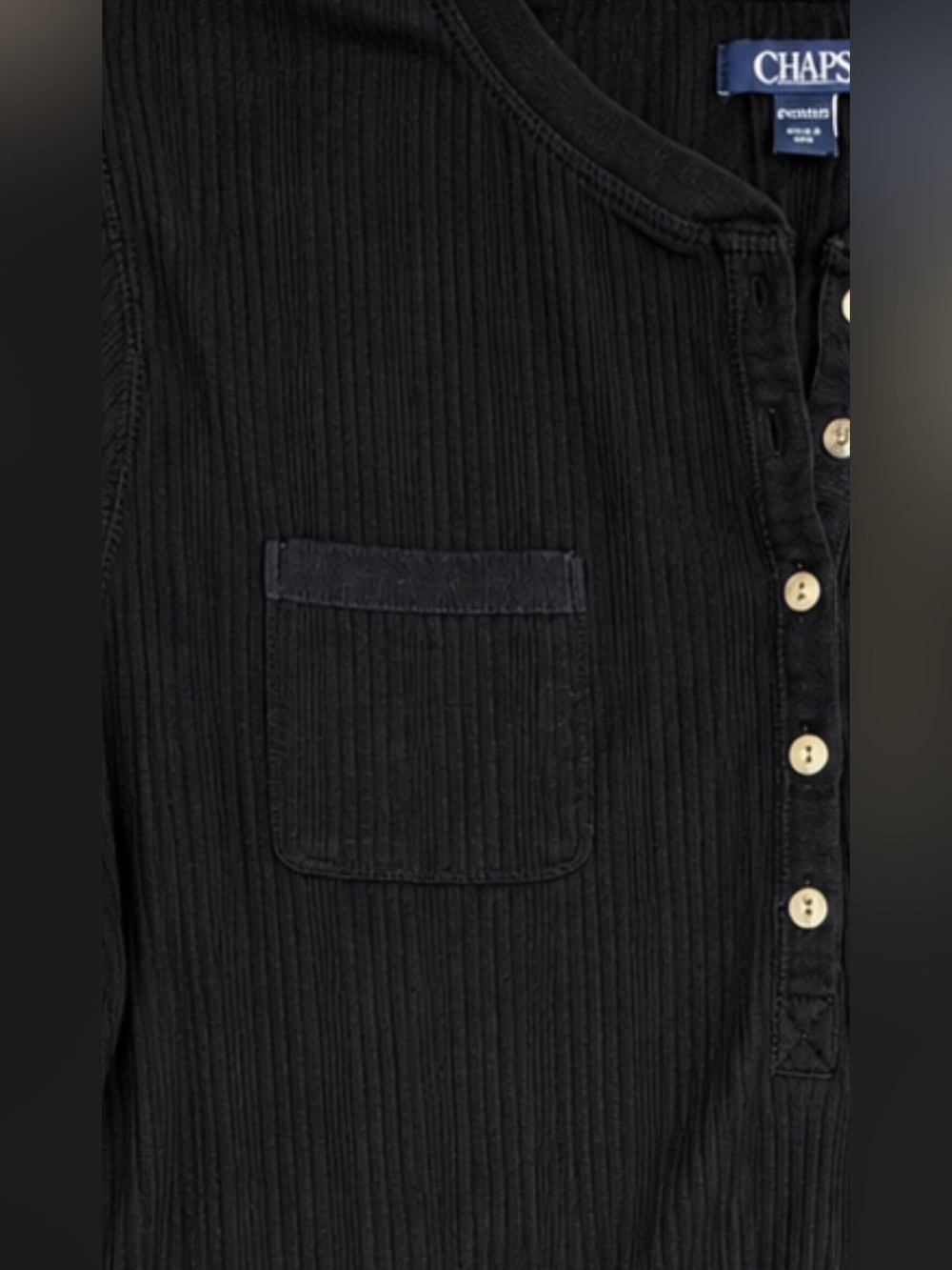 Chaps Black Long-Sleeve Ribbed Henley Tee